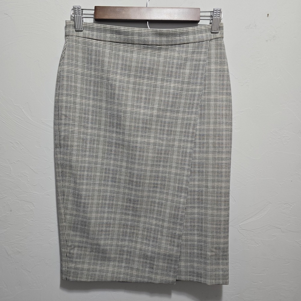 Ann Taylor Petite 0P Plaid Pencil Skirt Lined Slit Black Tan Office Career